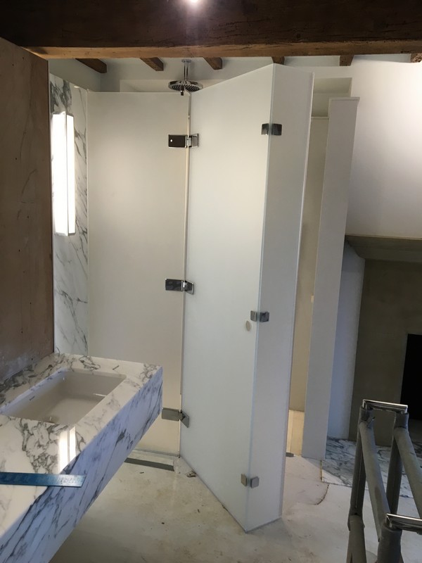 Bespoke frosted glass shower enclosure in Chessington luxury bathroom